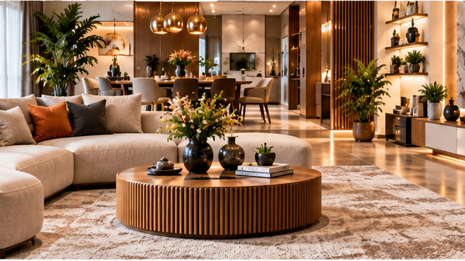 Modern salon dekorasyonu, ahşap detaylar ve dekoratif aksesuarlar